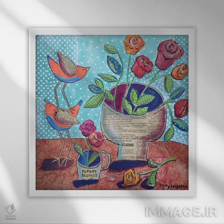 تابلو گلها و پرندگان چیدهشده اثر هالی وُجاهن - نمای قابدار سفید