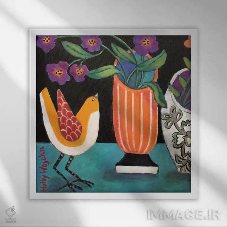 تابلو دو گلدان شاد دیگر و جیکجیک اضافه اثر هالی وُجاهن - نمای قابدار سفید