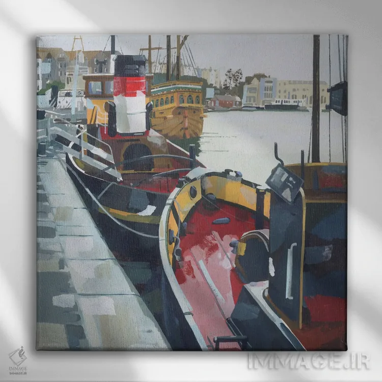 تابلو کشتیهای یدککش در اسکله واپینگ، بریستول اثر کلر هنلی - نمای روبهرو روی دیوار