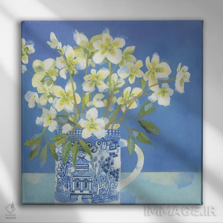 تابلو گل هللبور در ماگ نقش بید اثر کلر هنلی - نمای روبهرو روی دیوار