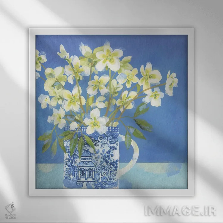 تابلو گل هللبور در ماگ نقش بید اثر کلر هنلی - نمای قابدار سفید