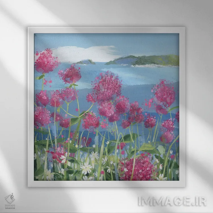 تابلو والرین قرمز و کامپیون (دو نوع گل) اثر کلر هنلی - نمای قابدار سفید