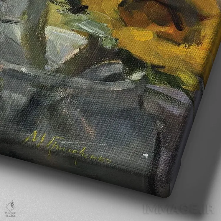 تابلو آفتابگردانهای اوکراینی اثر مارینا هریهورنکو - نمای نزدیک بافت بوم