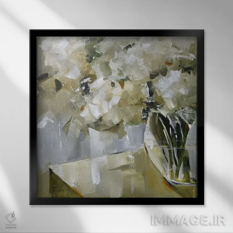 تابلو دسته گل سفید اثر مارینا هریهورنکو - نمای قابدار مشکی