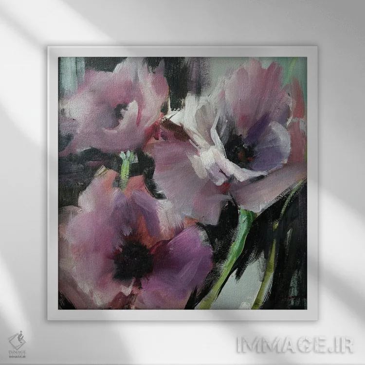 تابلو سه گل صدتومانی اثر مارینا هریهورنکو - نمای قابدار سفید