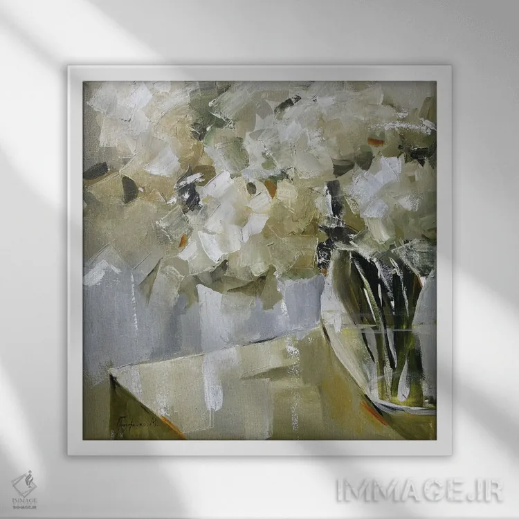 تابلو دسته گل سفید اثر مارینا هریهورنکو - نمای قابدار سفید