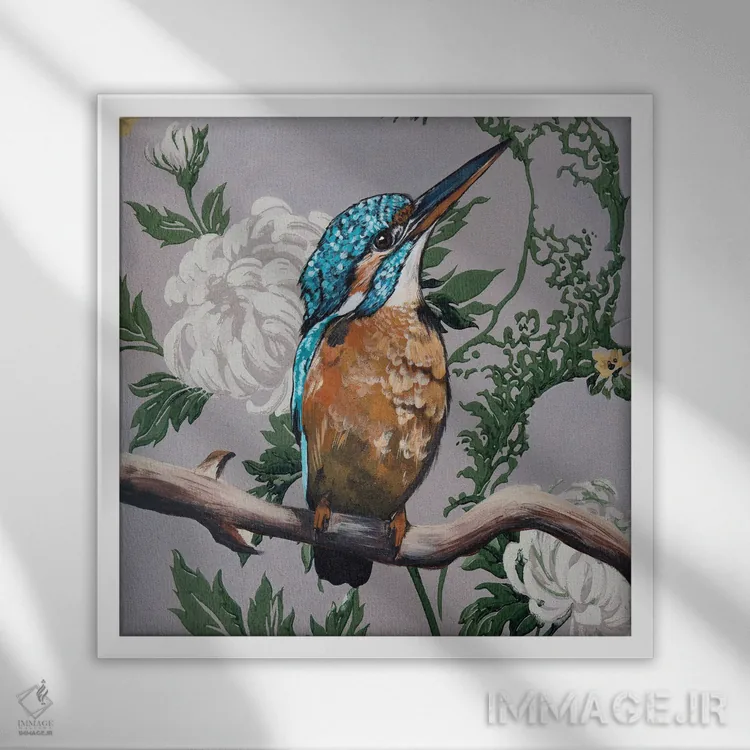 تابلو ماهیگیر پادشاه قدیمی (پرنده) اثر هیلی موریس - نمای قابدار سفید