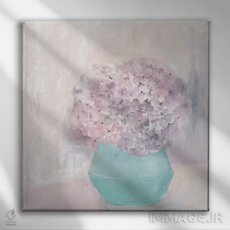 تابلو هورتانسیا در گلدان آبی اثر هیلی میشل - نمای روبهرو روی دیوار