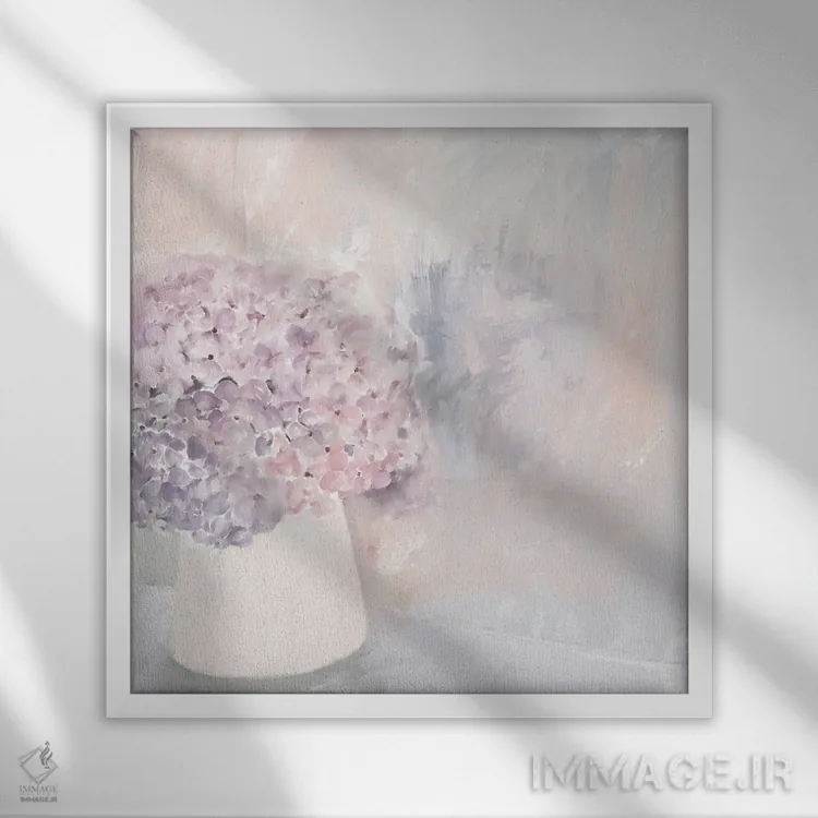 تابلو گلهای هورتانسیا اثر هیلی میشل - نمای قابدار سفید