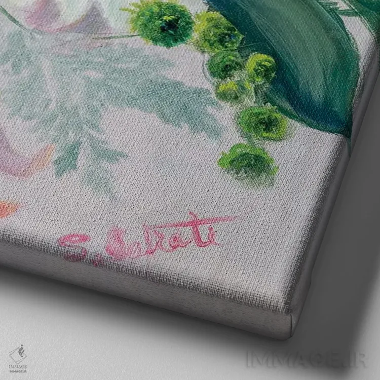 تابلو انفجار گلها دو اثر ساندرا یافراته - نمای نزدیک بافت بوم