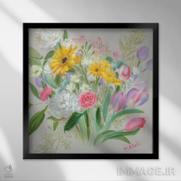 تابلو انفجار گلها یک اثر ساندرا یافراته - نمای قابدار مشکی