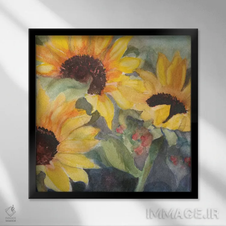 تابلو آفتابگردانها با آبرنگ دو اثر ساندرا یافراته - نمای قابدار مشکی
