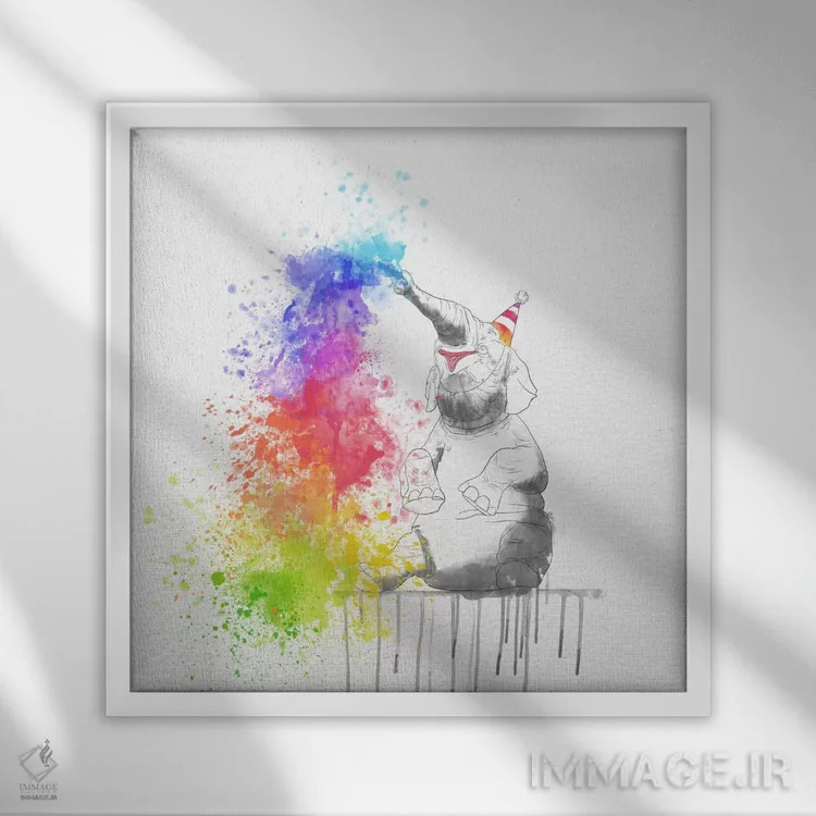 تابلو فیل شاد اثر هنرمند ناشناس - نمای قابدار سفید