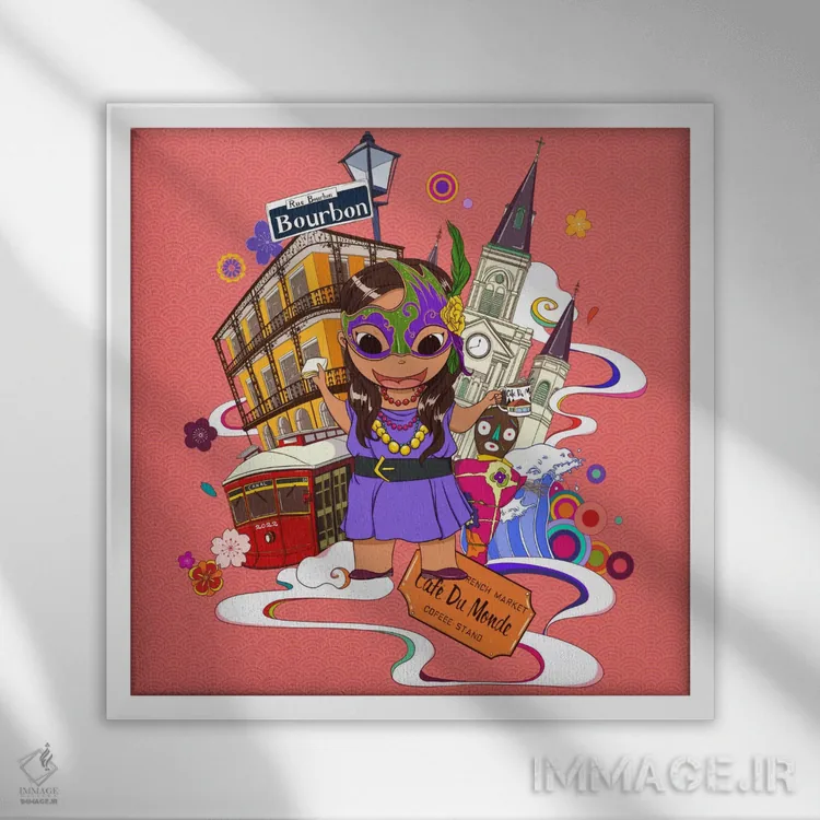 تابلو نیواورلئان با رنگهای نئونی اثر فایو بای فایو کالکتیو - نمای قابدار سفید