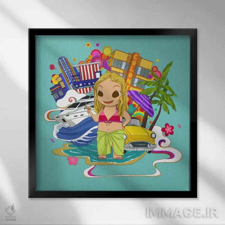 تابلو سوث بیچ با رنگ نئونی اثر فایو بای فایو کالکتیو - نمای قابدار مشکی