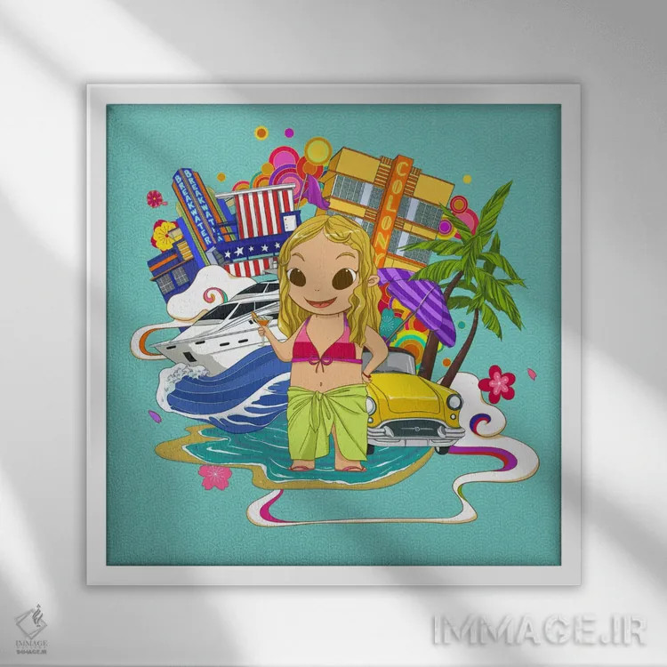 تابلو سوث بیچ با رنگ نئونی اثر فایو بای فایو کالکتیو - نمای قابدار سفید