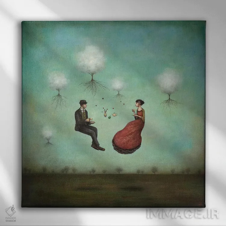 تابلو چای گرانشی برای دو نفر (بازی کلمات Tea و Gravity) اثر دوی هوین - نمای روبهرو روی دیوار