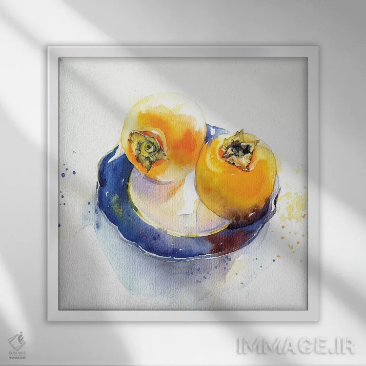 تابلو پرتقال روی زمینه آبی اثر مارینا ایگناتووا - نمای قابدار سفید