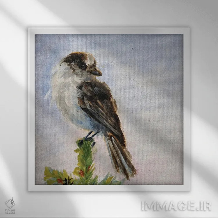 تابلو جی خاکستری (گونهای پرنده) اثر ایرینا خورت - نمای قابدار سفید