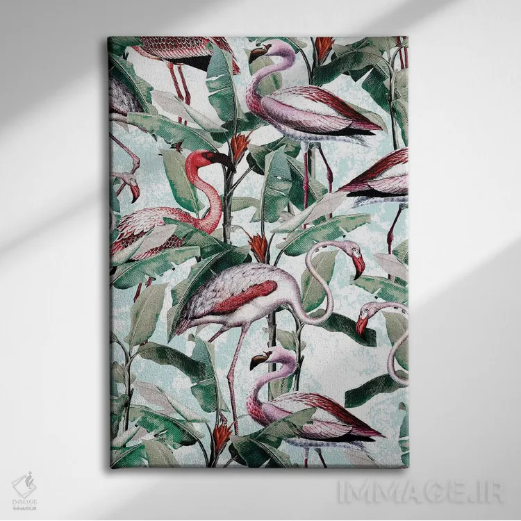 تابلو گل و فلامینگو VIII اثر برجو کورکمازیورک - نمای روبهرو روی دیوار