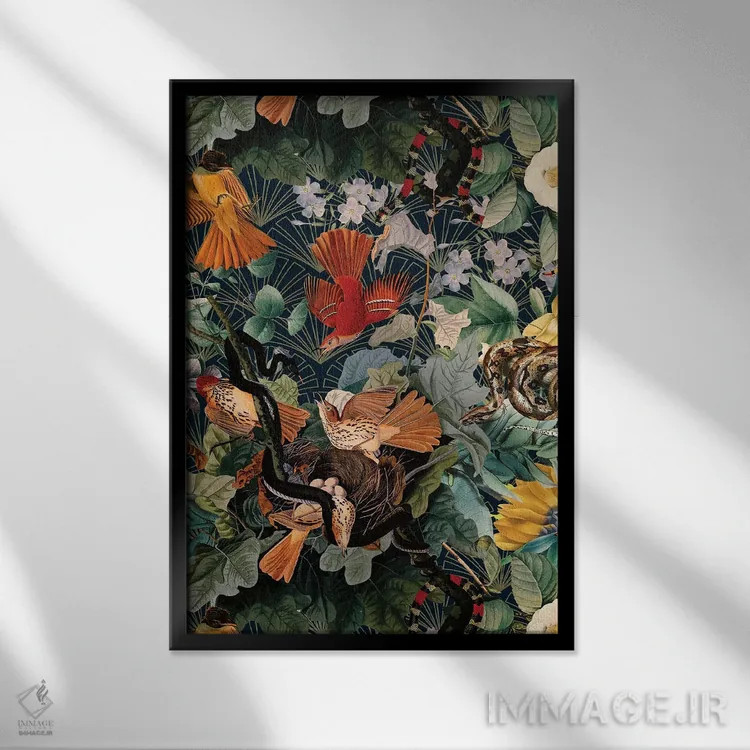 تابلو پرندگان و مارها اثر برجو کورکمازیورک - نمای قابدار مشکی