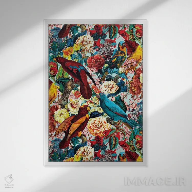 تابلو گلها و پرندگان XV اثر برجو کورکمازیورک - نمای قابدار سفید