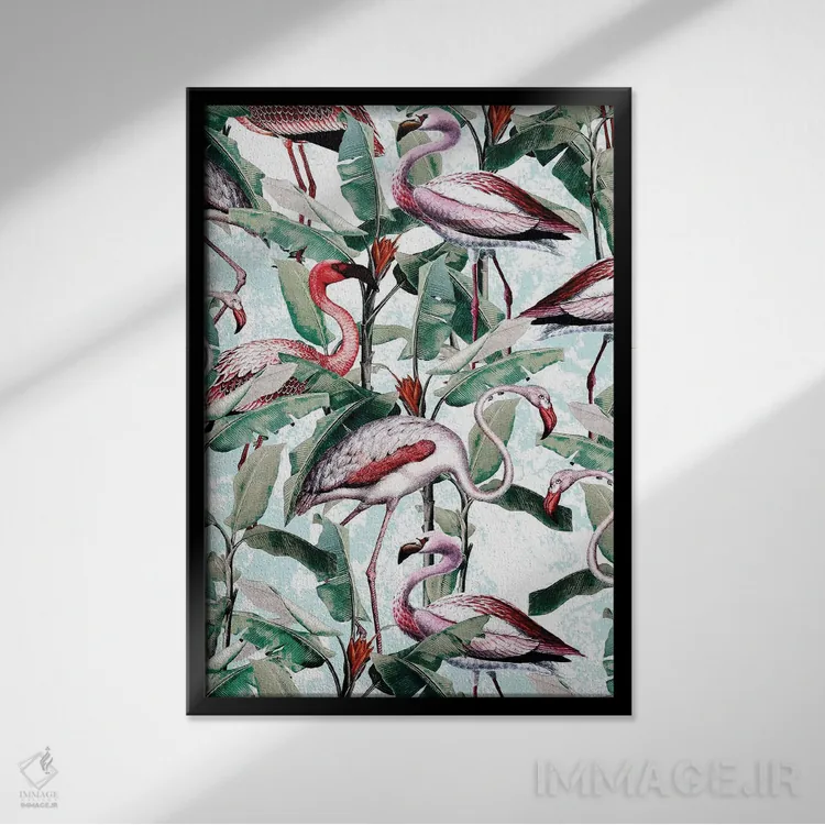 تابلو گل و فلامینگو VIII اثر برجو کورکمازیورک - نمای قابدار مشکی