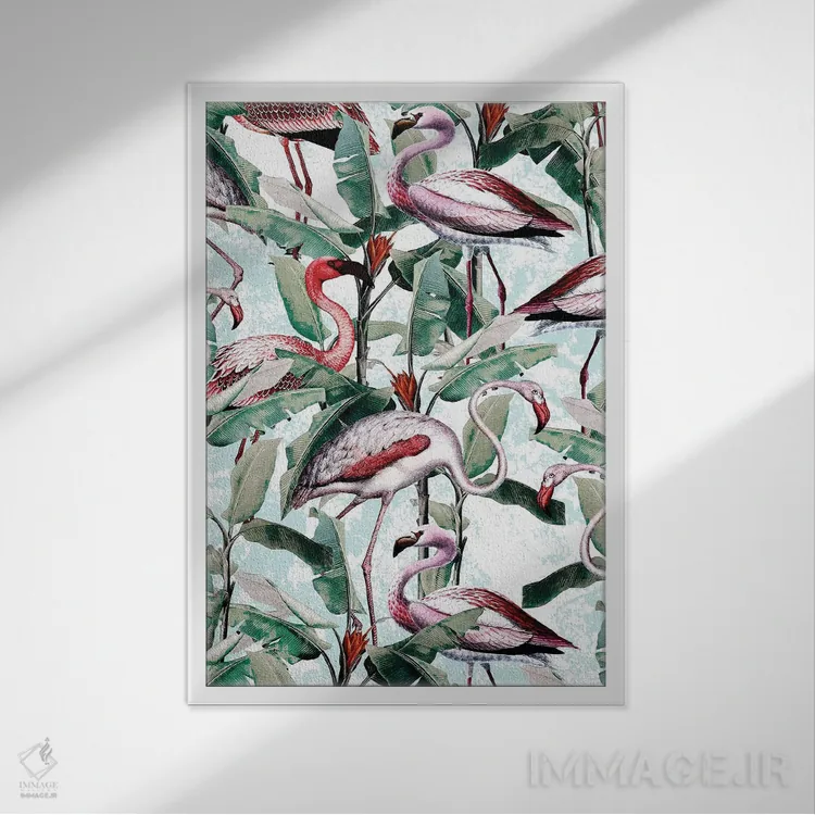 تابلو گل و فلامینگو VIII اثر برجو کورکمازیورک - نمای قابدار سفید
