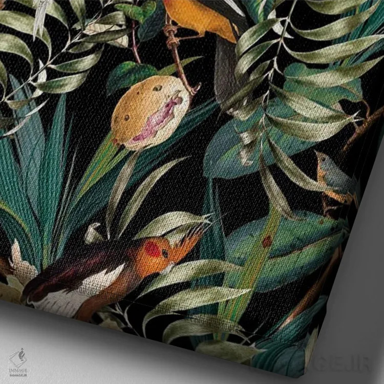 تابلو شب باغ قدیمی گل و پرندگان اثر برجو کورکمازیورک - نمای نزدیک بافت بوم