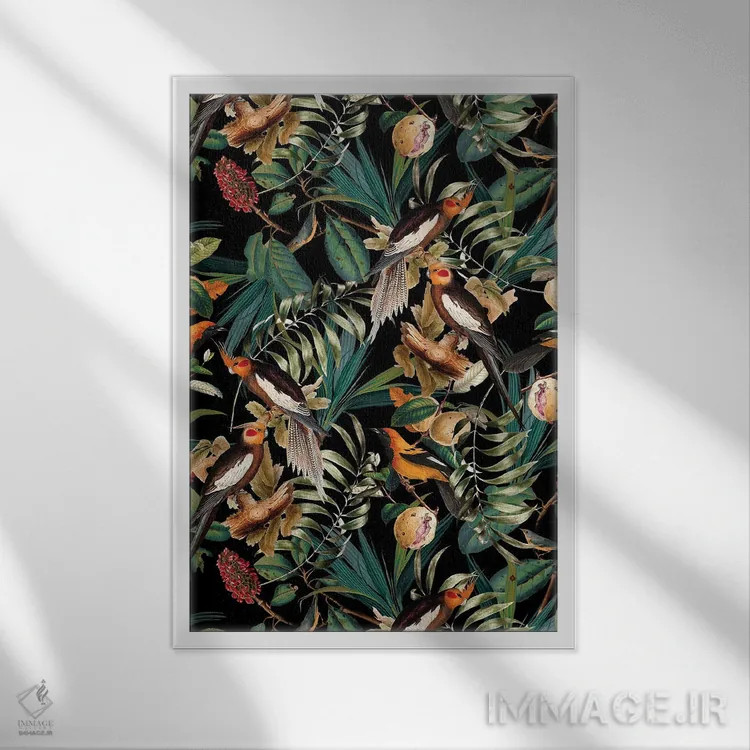 تابلو شب باغ قدیمی گل و پرندگان اثر برجو کورکمازیورک - نمای قابدار سفید