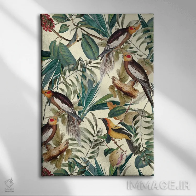 تابلو باغ قدیمی گل و پرندگان اثر برجو کورکمازیورک - نمای روبهرو روی دیوار