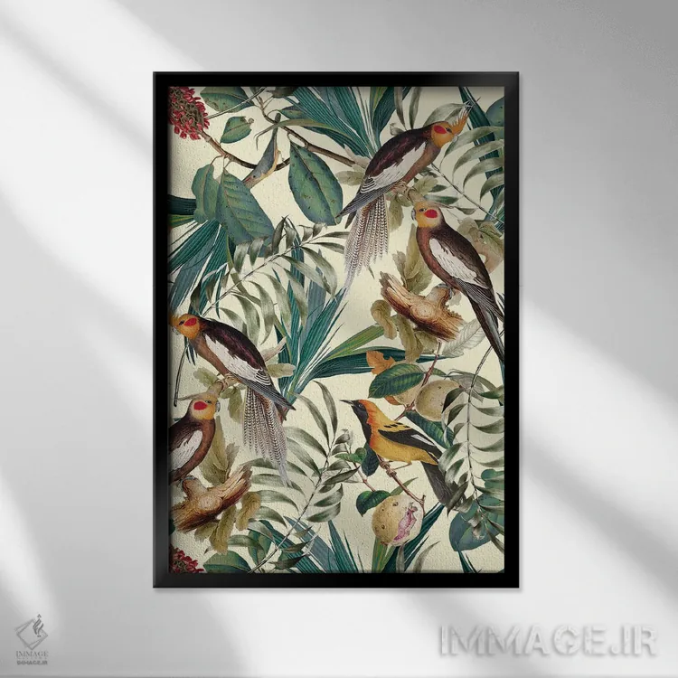 تابلو باغ قدیمی گل و پرندگان اثر برجو کورکمازیورک - نمای قابدار مشکی