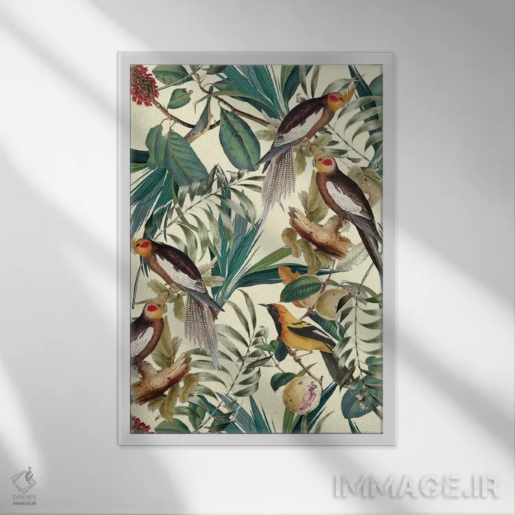 تابلو باغ قدیمی گل و پرندگان اثر برجو کورکمازیورک - نمای قابدار سفید