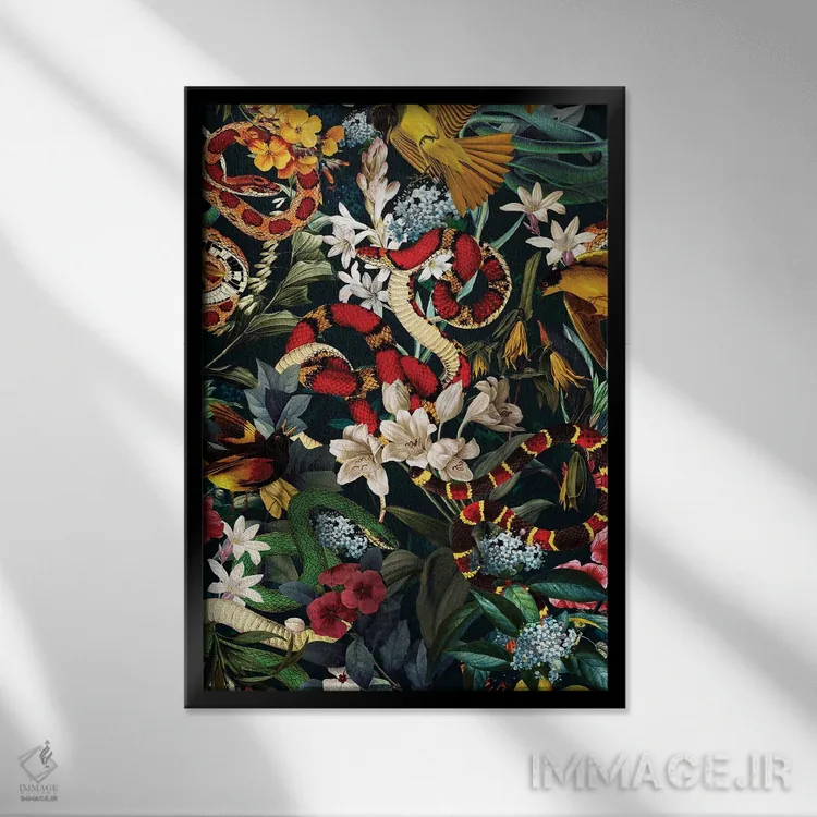 تابلو پرندگان و مارها II اثر برجو کورکمازیورک - نمای قابدار مشکی