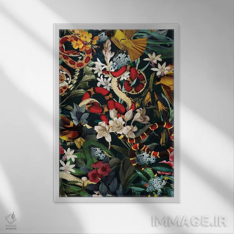 تابلو پرندگان و مارها II اثر برجو کورکمازیورک - نمای قابدار سفید