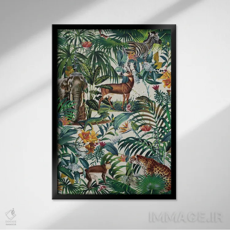 تابلو طرح گلدار و حیوانات شماره ۳ اثر برجو کورکمازیورک - نمای قابدار مشکی