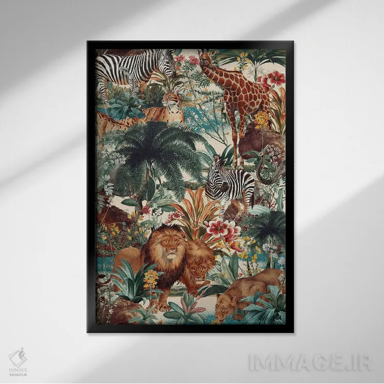 تابلو طرح گلدار و حیوانات شماره ۴ اثر برجو کورکمازیورک - نمای قابدار مشکی