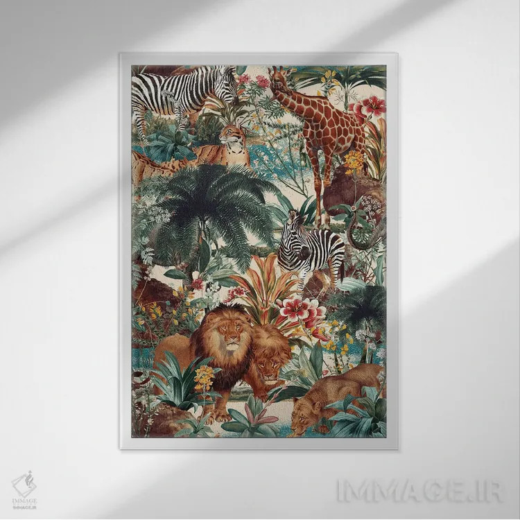 تابلو طرح گلدار و حیوانات شماره ۴ اثر برجو کورکمازیورک - نمای قابدار سفید