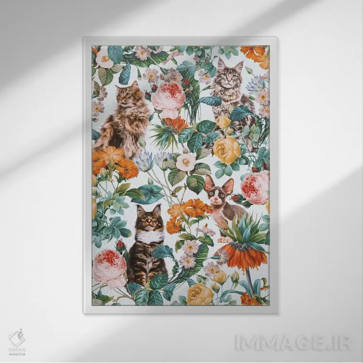 تابلو طرح گلدار و گربهها شماره ۲ اثر برجو کورکمازیورک - نمای قابدار سفید