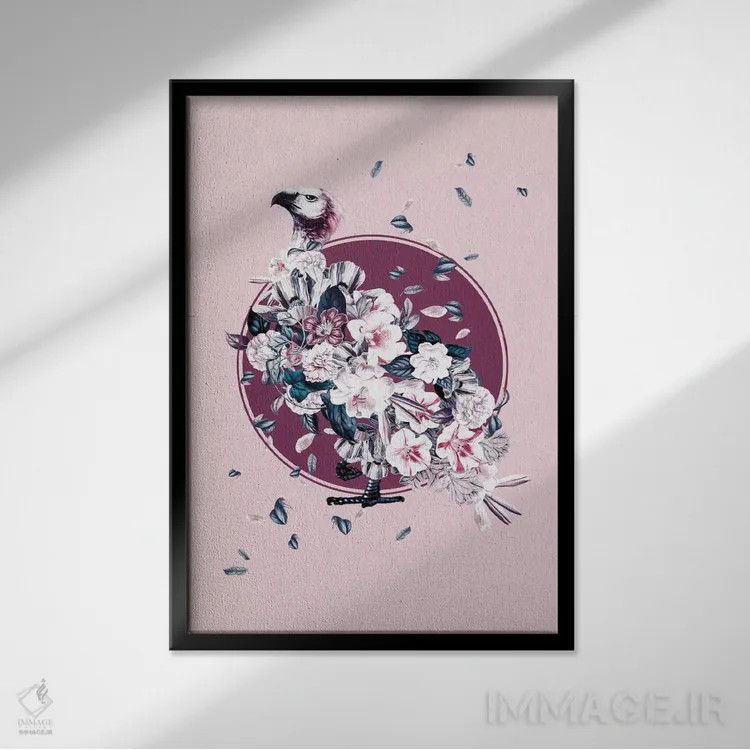 تابلو کرکس گلدار اثر برجو کورکمازیورک - نمای قابدار مشکی