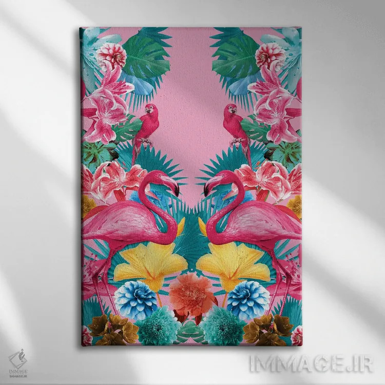 تابلو فلامینگو و باغ گرمسیری اثر برجو کورکمازیورک - نمای روبهرو روی دیوار