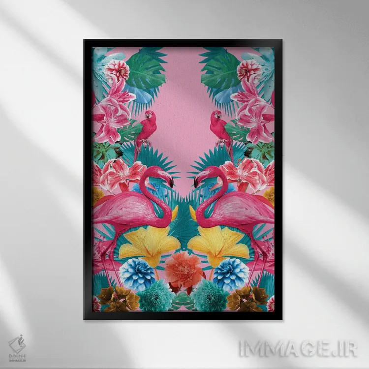 تابلو فلامینگو و باغ گرمسیری اثر برجو کورکمازیورک - نمای قابدار مشکی