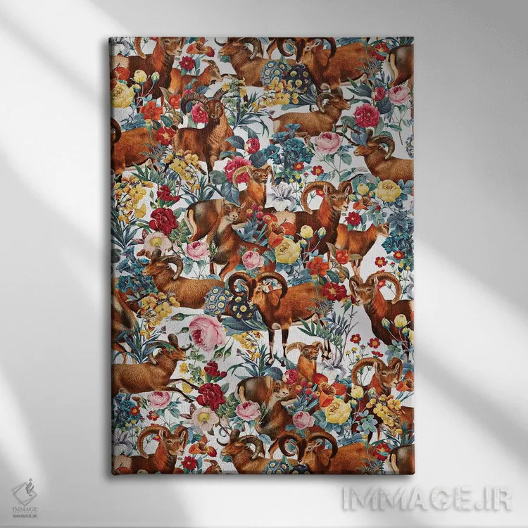 تابلو کل مارکوپولو و طرح گلدار (گونه جانوری) اثر برجو کورکمازیورک - نمای روبهرو روی دیوار