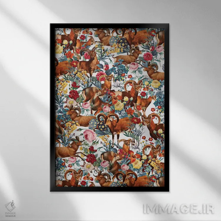 تابلو کل مارکوپولو و طرح گلدار (گونه جانوری) اثر برجو کورکمازیورک - نمای قابدار مشکی