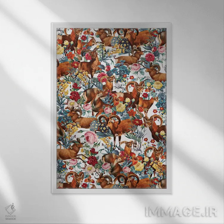 تابلو کل مارکوپولو و طرح گلدار (گونه جانوری) اثر برجو کورکمازیورک - نمای قابدار سفید