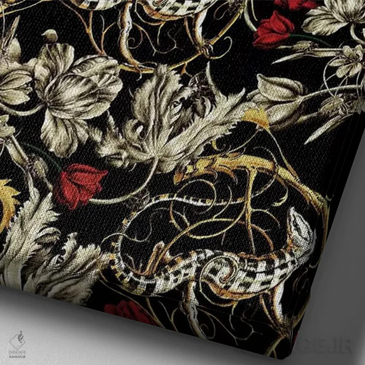 تابلو طرح گلدار و مارمولک اثر برجو کورکمازیورک - نمای نزدیک بافت بوم