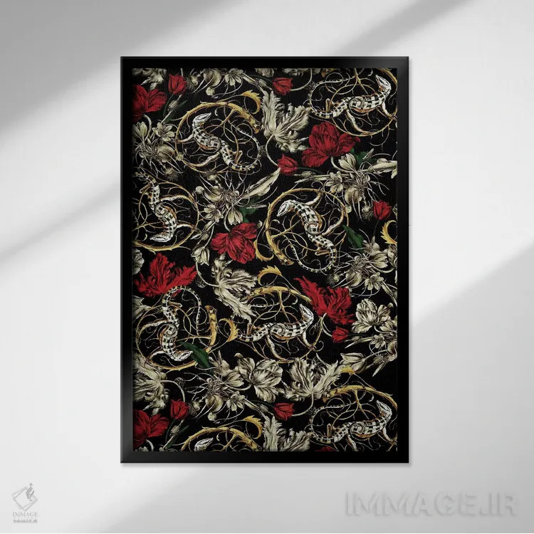 تابلو طرح گلدار و مارمولک اثر برجو کورکمازیورک - نمای قابدار مشکی