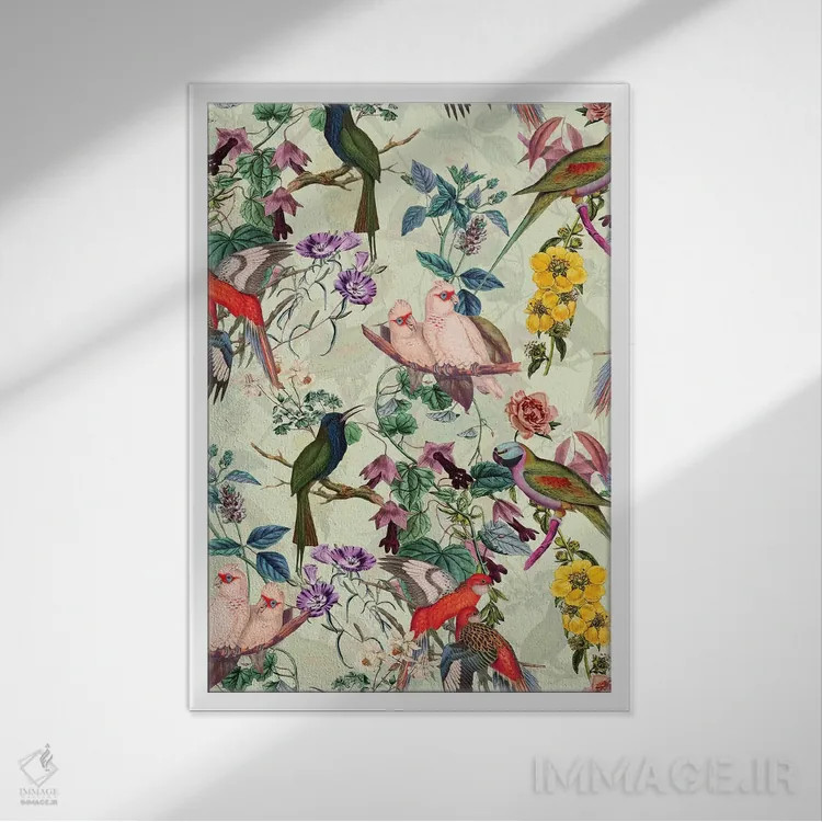 تابلو گلها و پرندگان شماره ۸ اثر برجو کورکمازیورک - نمای قابدار سفید