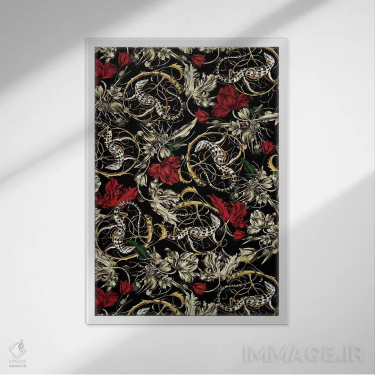 تابلو طرح گلدار و مارمولک اثر برجو کورکمازیورک - نمای قابدار سفید