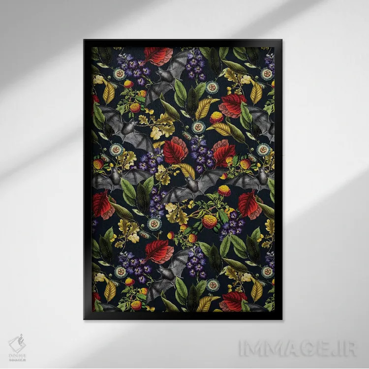 تابلو روباه پرنده و طرح گلدار (پستاندار پرنده) اثر برجو کورکمازیورک - نمای قابدار مشکی